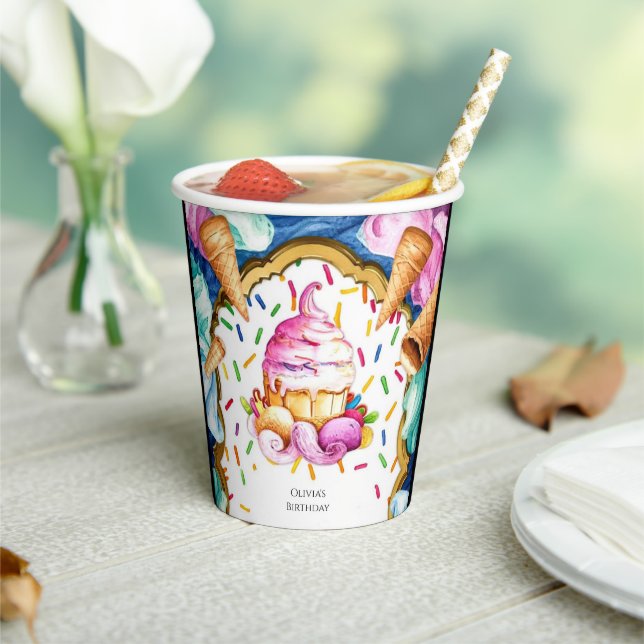 Vasos De Papel Personalizado Watercolor Dessert Ice Cream Cumplea (in situ)