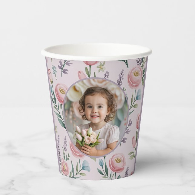 Vasos De Papel Personalized Pastel Floral Photo Kids Birthday  (Anverso)