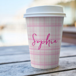 Vasos De Papel Personalized Pink Plaid Paper Cups with Name 