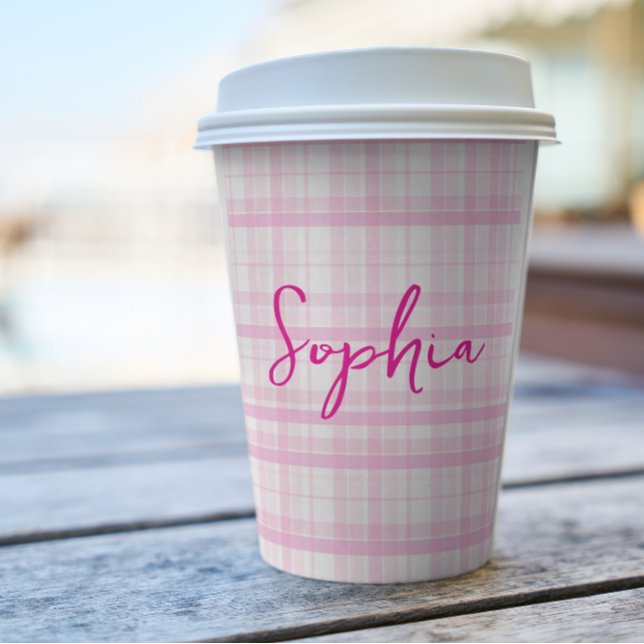 Vasos De Papel Personalized Pink Plaid Paper Cups with Name  (Subido por el creador)