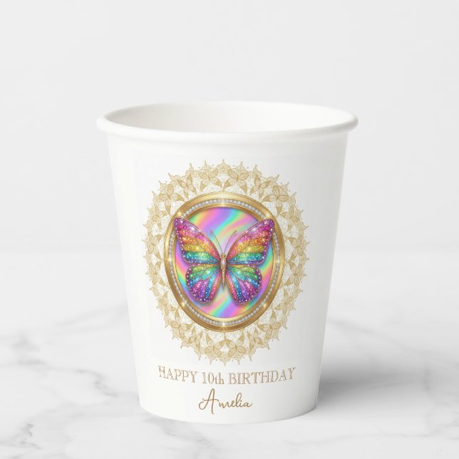 Vasos De Papel Personalized Rainbow Glitter Butterfly Lace Party (Anverso)