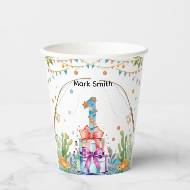 Vasos De Papel Pesca Fiesta del primer cumpleaños con decoración  (Anverso)