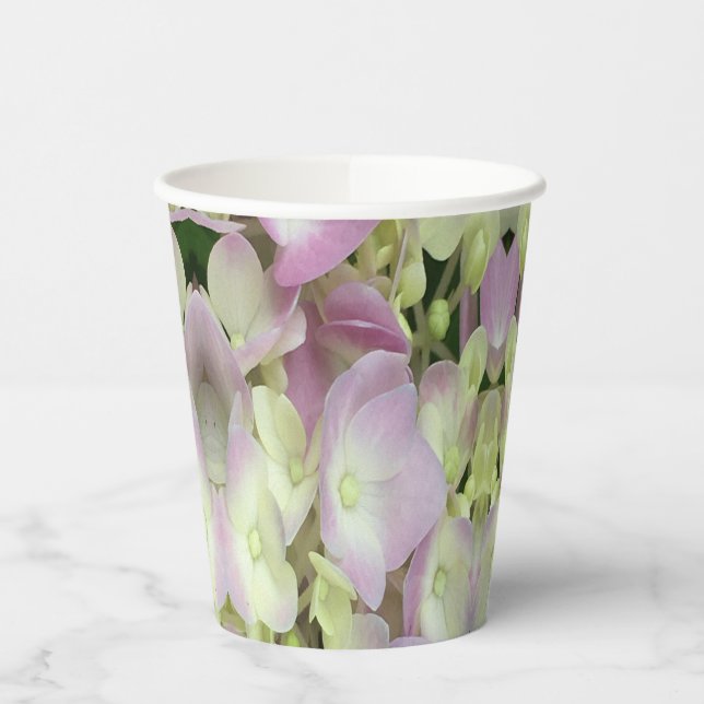Vasos De Papel Pétalos de hidrangea rosados y blancos antiguos y  (Izquierda)