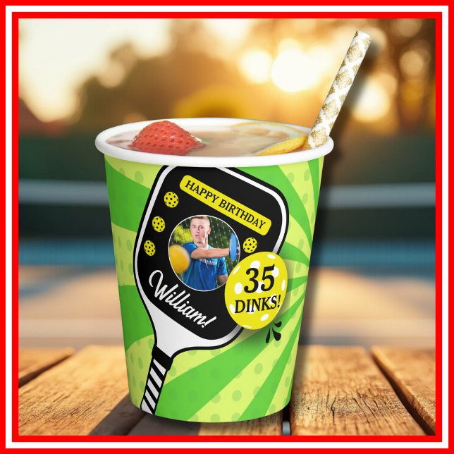 Vasos De Papel Pickleball Birday RETRO Green Sports FOTO (Pickleball Birthday RETRO Green Sports PHOTO Paper Cups)