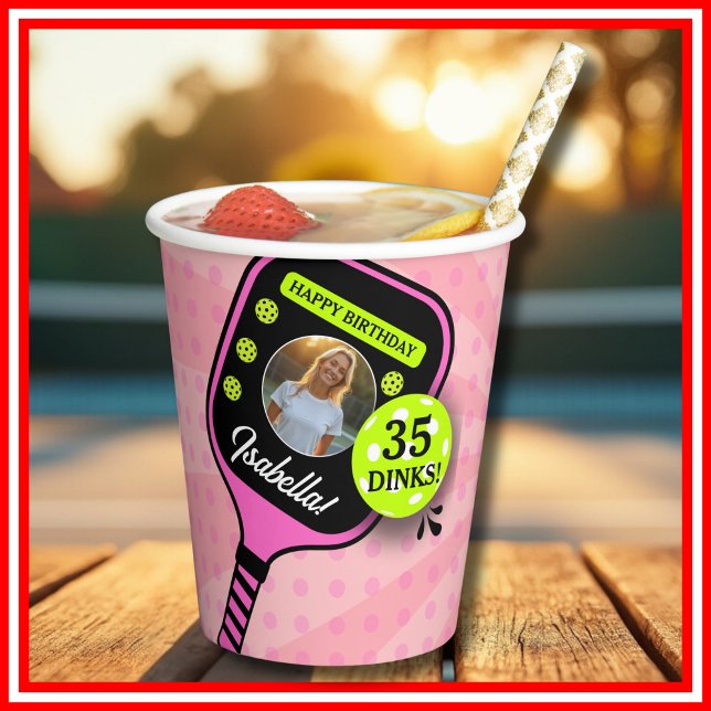 Vasos De Papel Pickleball Birday RETRO Pink Sports FOTO (Pickleball Birthday RETRO Pink Sports PHOTO Paper Cups)
