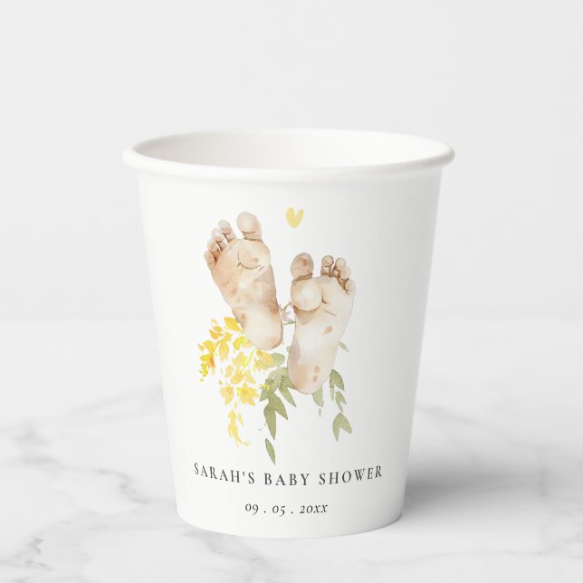 Vasos De Papel Pies de bebé Sexo floral Amarillo Baby Shower Neut (Anverso)