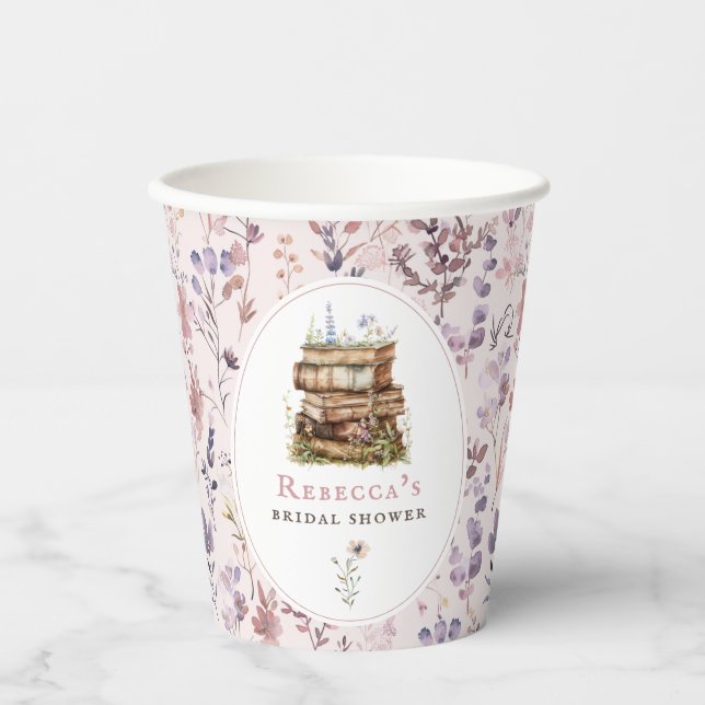 Vasos De Papel Pila de libros ducha de novia acuarela (Anverso)