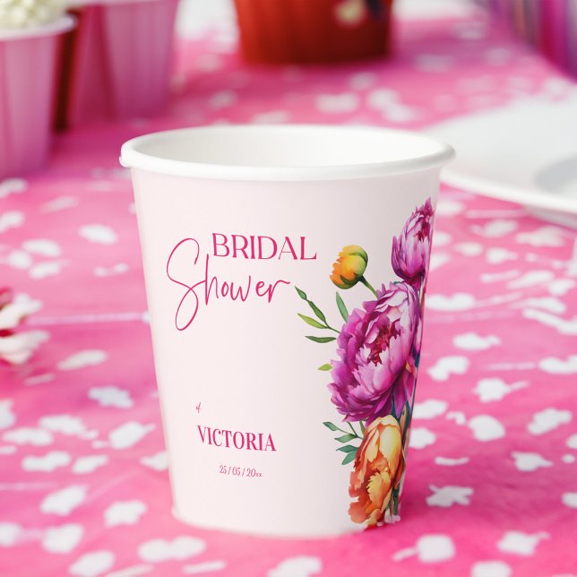 Vasos De Papel Pimenta magenta rosa peach peonías elegantes de la (Pink magenta peach peonies elegant floral bridal shower paper cups personalized tableware decor)