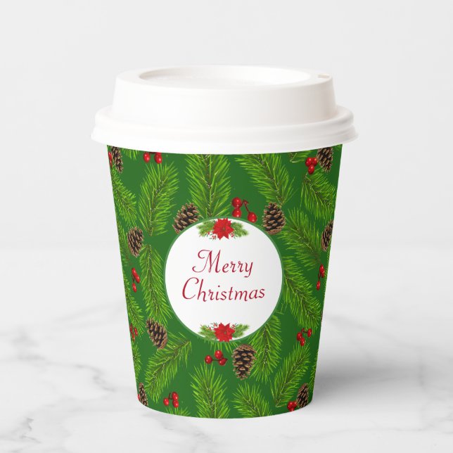 Vasos De Papel Piñas de Navidad personalizadas y bayas (Anverso)