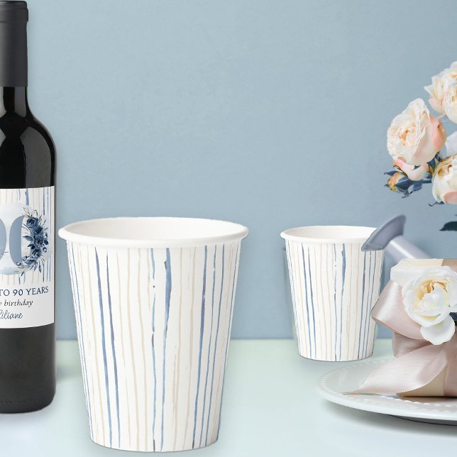 Vasos De Papel Pincel de arena y azul costero a rayas (Watercolor Striped paper cups from my Floral Number Birthday Party Collection)