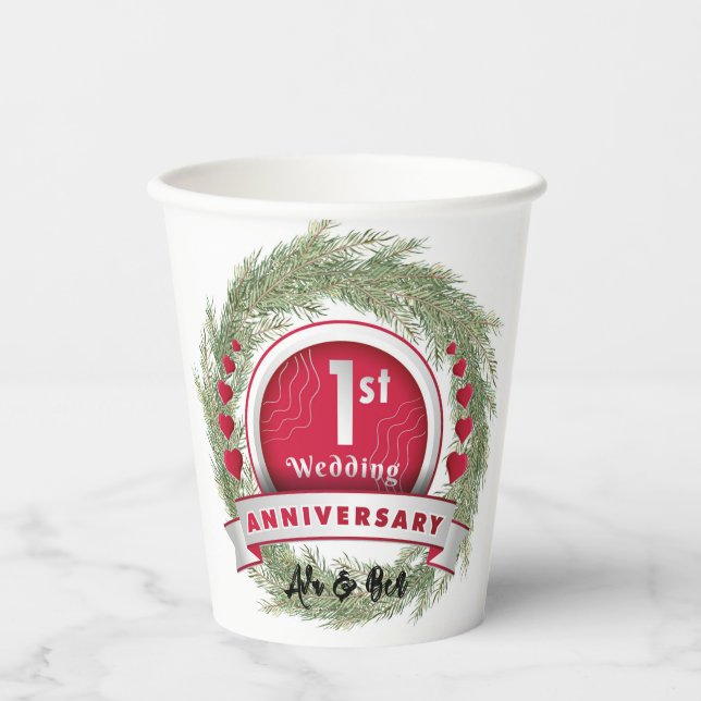 Vasos De Papel Pine Needle Wreath Red Primer Aniversario Boda (Anverso)