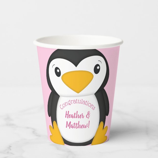 Vasos De Papel Pingüino Baby Shower Pink (Anverso)