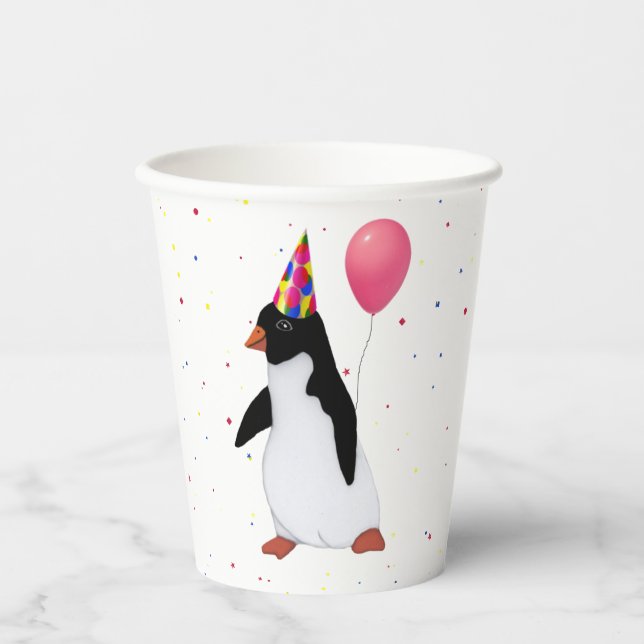Vasos De Papel Pingüino Con Globo Rosa (Anverso)