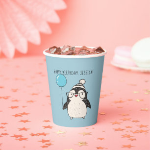 Vasos De Papel Pingüino con un globo de papel de cumpleaños per
