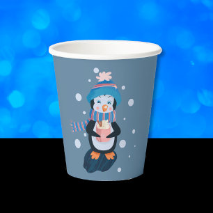 Vasos De Papel Pinguino de dibujos animados lindo con taza de pap