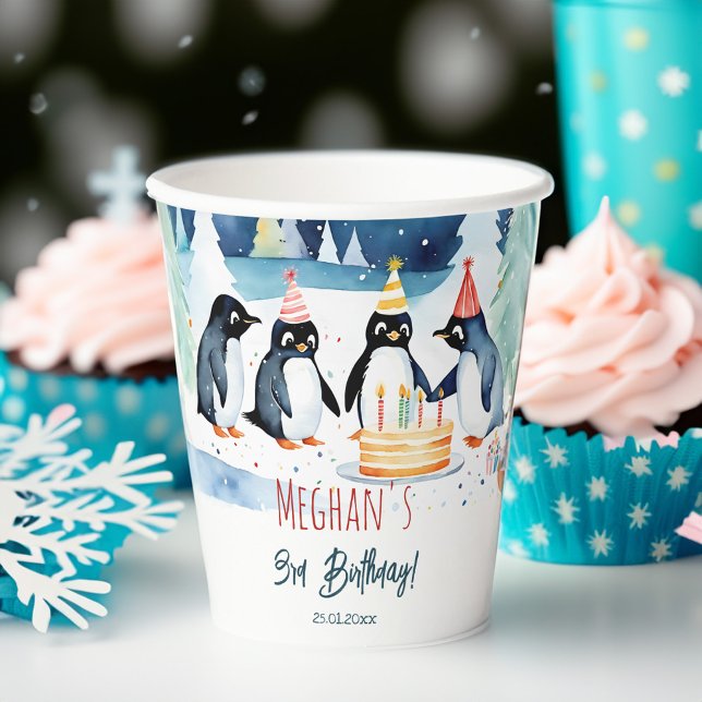 Vasos De Papel Pingüino de invierno ártico de invierno personaliz (Penguin arctic winter birthday personalized paper cups penguin party supplies customized paper cups)