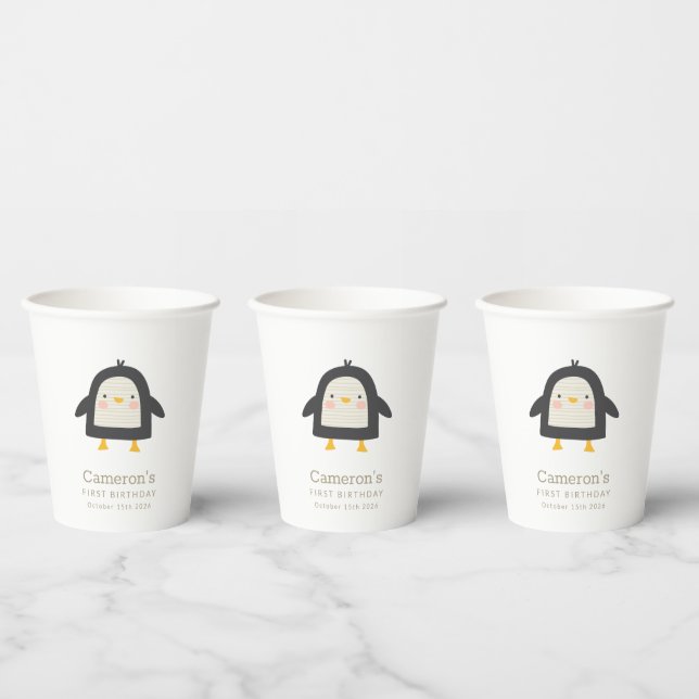 Vasos De Papel Pingüino de Invierno Cuto Simple Primer Cumpleaños (Multi)