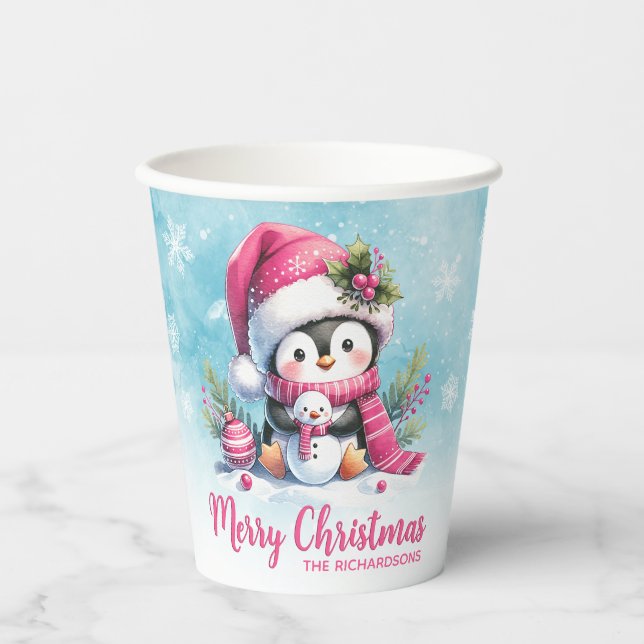 Vasos De Papel Pingüino lindo y azul nevado Feliz Navidad (Anverso)