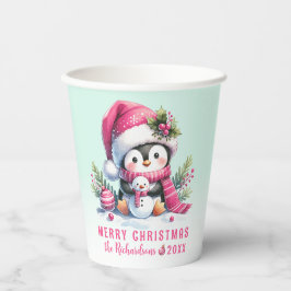 Vasos De Papel Pingüino verde rosa y menta Feliz Navidad