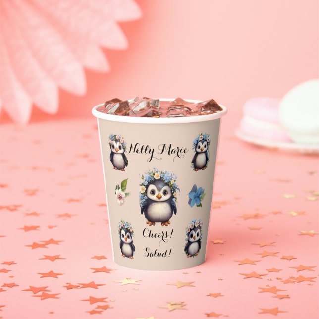 Vasos De Papel Pingüinos con el nombre de Salud Bilingüe (in situ)