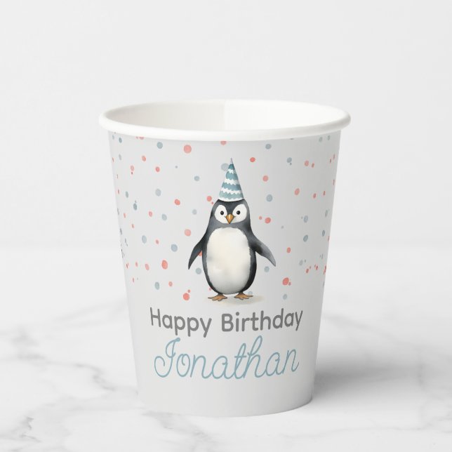 Vasos De Papel Pingüinos fiestas, acuarela, cumpleaños de niños (Izquierda)