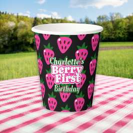 Vasos De Papel Pink and Black Strawberry Berry First Birthday 