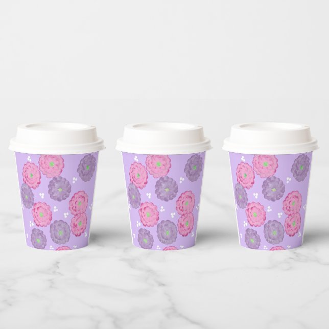Vasos De Papel Pink and Purple Flowers on Lavender Paper Cups (Multi)