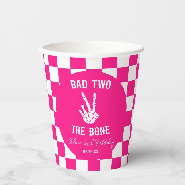 Vasos De Papel Pink Bad Two The Bone Skeleton Segundo Fiesta de C (Anverso)