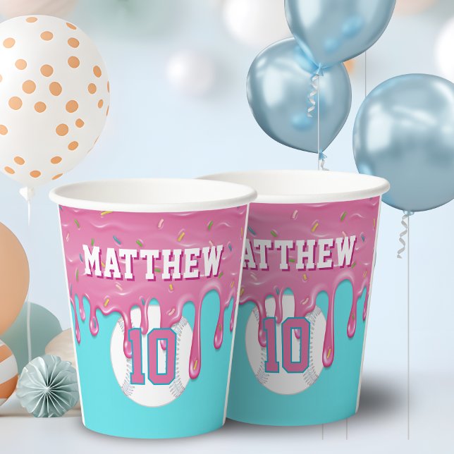 Vasos De Papel Pink Baseball Drip Birthday (Pink baseball drip paper party cups)