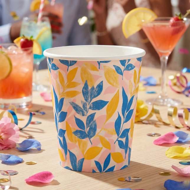 Vasos De Papel Pink, Blue, and Yellow Lithograph Floral Wedding (Pink, Blue, and Yellow Lithograph Floral Wedding Paper Cups.)