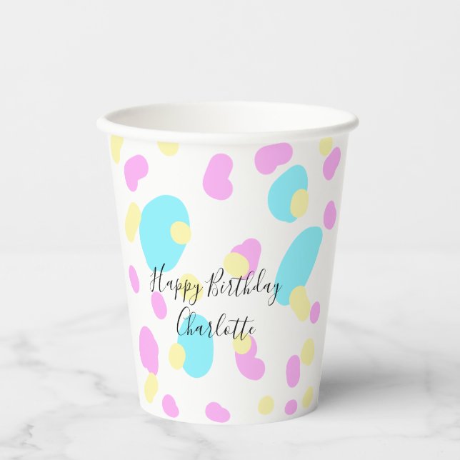 Vasos De Papel Pink blue yellowhappy birthday kids shapes abstrac (Anverso)