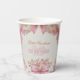 Vasos De Papel Pink Bow Coquette Floral 1st Birthday Personalized