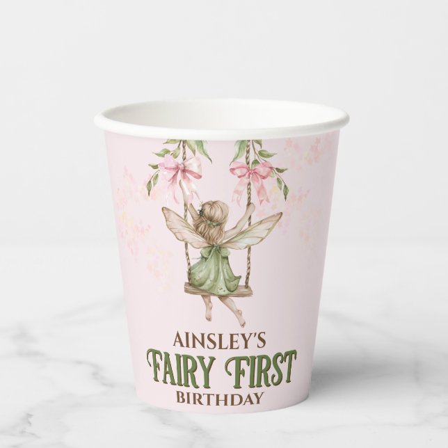 Vasos De Papel Pink Bow Fairy First First Birthday Personalizado (Anverso)