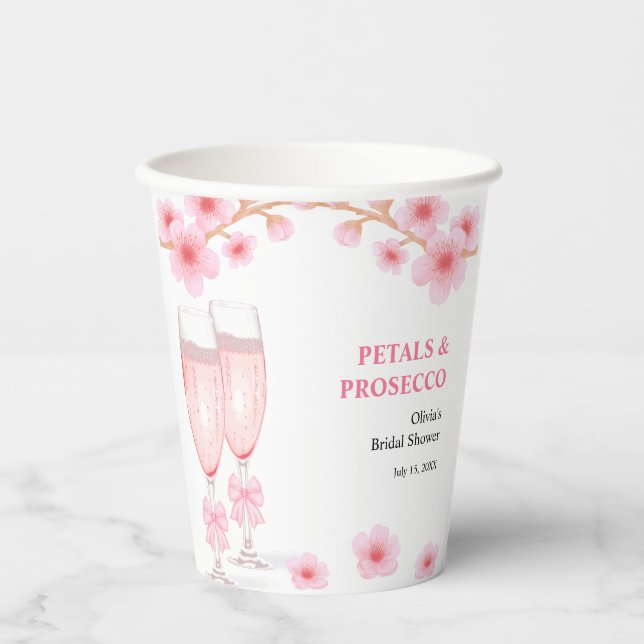 Vasos De Papel Pink Bow Floral Petals and Prosecco Bridal Shower  (Anverso)
