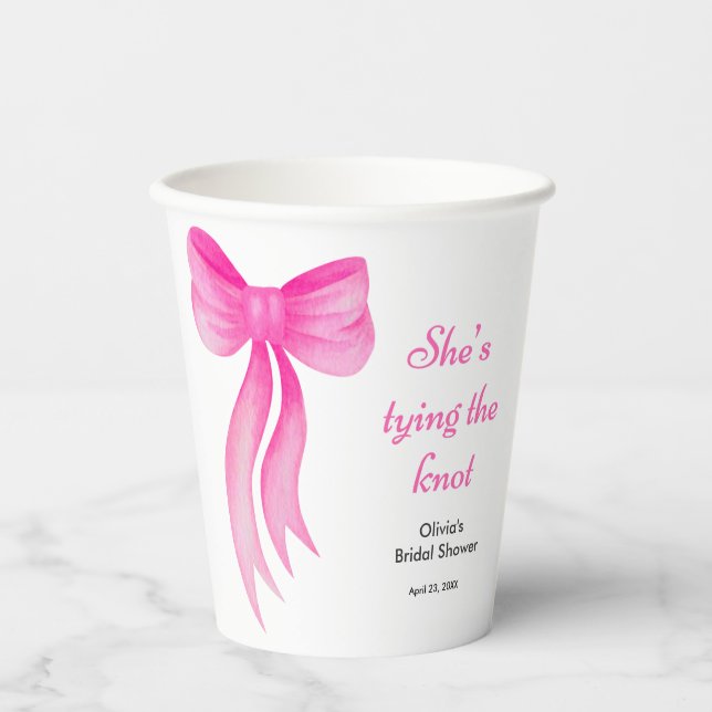 Vasos De Papel Pink Bow She's Tying the Knot Bridal Shower  (Anverso)