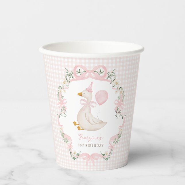 Vasos De Papel Pink Bow Silly Goose Chica Primer Cumpleaños (Anverso)