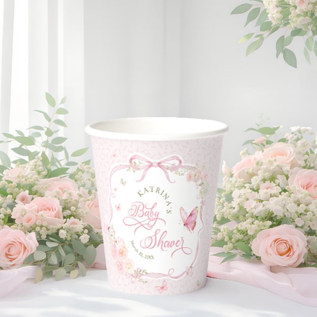 Vasos De Papel Pink Butterfly Floral Bow Baby Shower (Subido por el creador)
