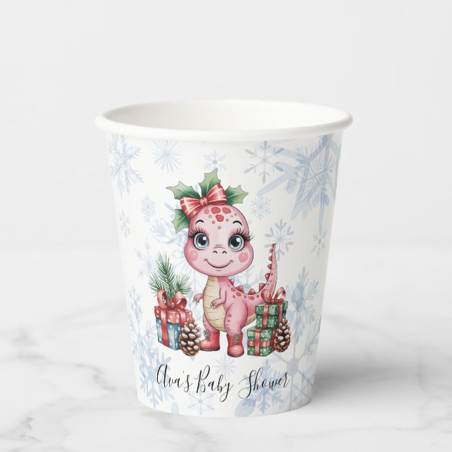 Vasos De Papel Pink Christmas Dino Girl Baby Shower (Anverso)