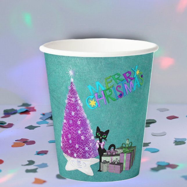 Vasos De Papel Pink Christmas Tree black Cat Wrapped Gifts Teal (Merry Christmas pink silver tree, black cat, wrapped gifts on teal paper party drink cup for holiday)