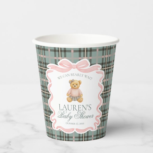 Vasos De Papel Pink Coquette Bow Bear Tartan Plaid Baby Shower (Anverso)