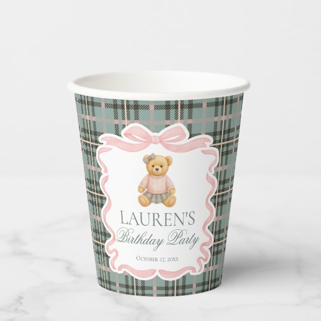 Vasos De Papel Pink Coquette Bow Bear Tartan Plaid Birthday (Anverso)