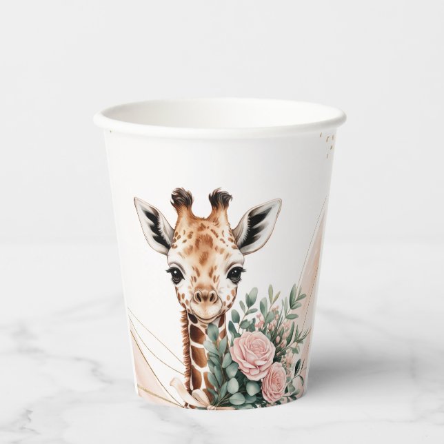Vasos De Papel Pink Floral Giraffe Safari Baby Shower Paper Cup (Anverso)