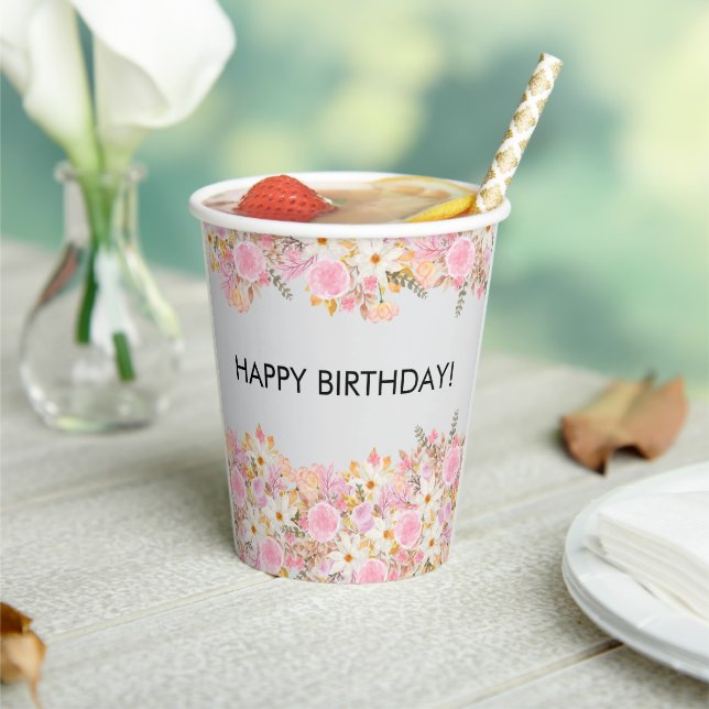 Vasos De Papel Pink Floral Happy Birday (in situ)