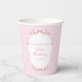 Vasos De Papel Pink Gingham Bow Girl 1st Birthday Party Paper Cup