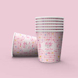 Vasos De Papel Pink Gingham Floral Bow Baby Shower Paper Cups