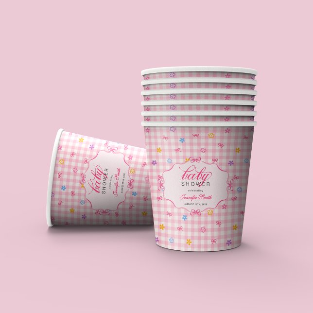 Vasos De Papel Pink Gingham Floral Bow Baby Shower Paper Cups (Subido por el creador)
