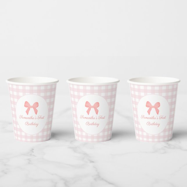 Vasos De Papel Pink Gingham Pink Bow Birday (Multi)