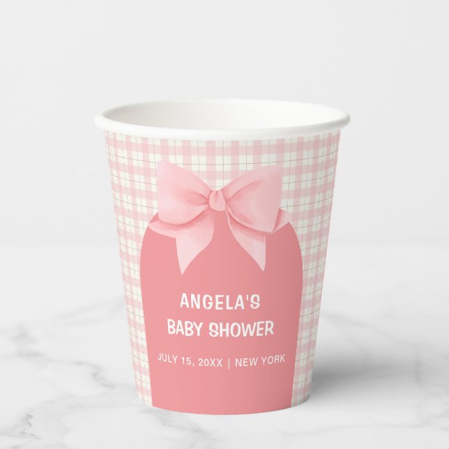 Vasos De Papel Pink Gingham Plaid Arch Bow Baby Shower (Anverso)