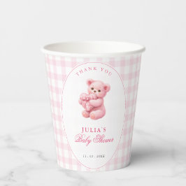 Vasos De Papel Pink Gingham Teddy Bear Neutral Baby Shower