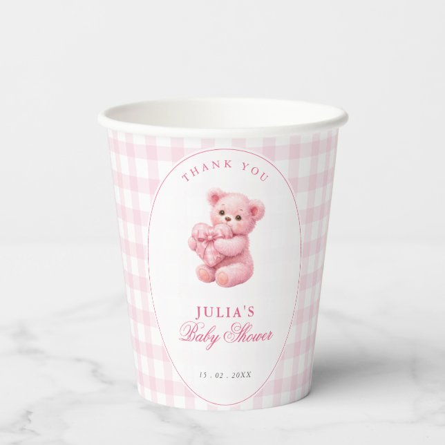 Vasos De Papel Pink Gingham Teddy Bear Neutral Baby Shower (Reverso )